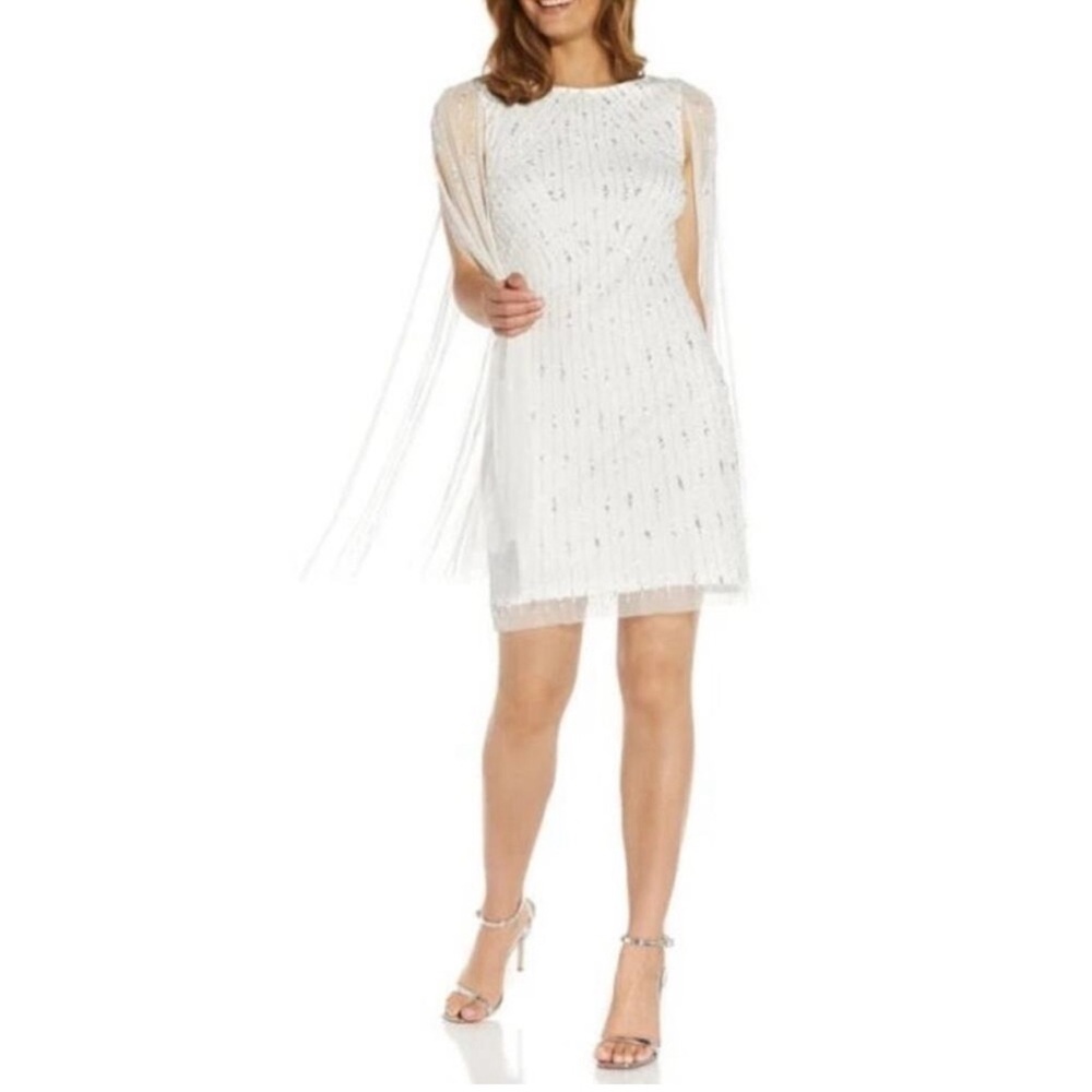 Adrianna Papell Beaded Cocktail Cape Dress in Ivory/Silver Size US 16 party